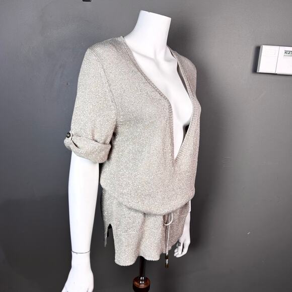 Massimo Dutti sweater Large lightweight linen belted v-neck blouson minimalist - Picture 5 of 14